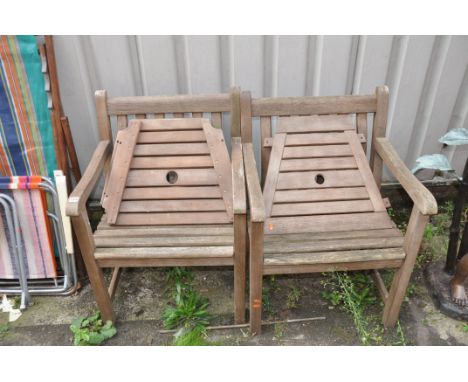 TWO MODERN WOODEN GARDEN CHAIRS with angled shelf and joining platforms (5)
