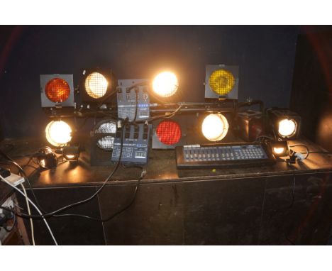 A COLLECTION OF STAGE LIGHTING including two Showtec Multi Dim IEC mk2 dimmer packs, two lightings bars containing four PAR 5