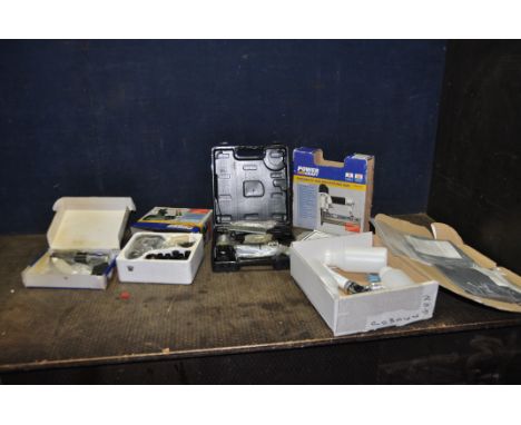 A SELECTION OF PNUEMATIC TOOLS including an Easicoat powder coating gun, Powercraft air shear, staple gun and Impact driver (