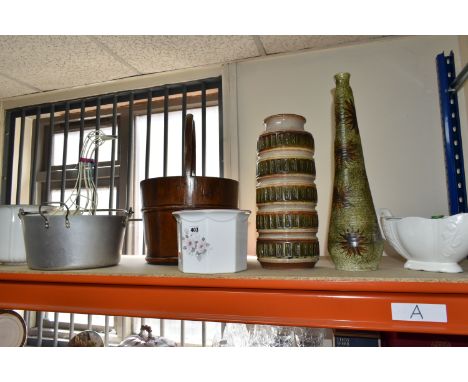 A GROUP OF LARGE ORNAMENTS to include a Scheurich 268-40 Fat Lava floor vase height 41cm, a British made green vase with flor