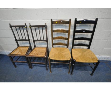 A PAIR OF 20TH CENTURY MAHOGANY BOBBIN TURNED CHAIRS, with cane seat, along with two rush seated chairs (condition report: th