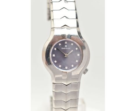 A LADIES 'TAG HEUER' WRISTWATCH, round abalone shell dial, diamond spot markers, singed 'Tag Heuer', stainless steel hands, i