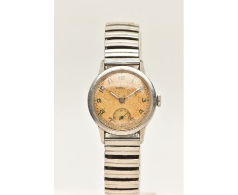 A GENTS 'OMEGA' STAINLESS STEEL WRISTWATCH, manual wind, round discoloured dial signed 'Omega', Arabic numerals, subsidiary d
