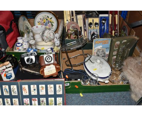 THREE BOXES AND LOOSE MISCELLANEOUS ITEMS to include a large quantity of assorted mixed vintage cutlery, a cruet set with a s