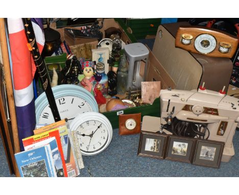 TWO BOXES AND LOOSE MISCELLANEOUS ITEMS to include a quantity of international souvenir ware, two wall clocks, a barometer, a