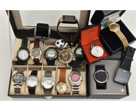 A BOX OF ASSORTED WATCHES, to include a boxed 'Huawei' smart watch, a 'Sony' smart watch, two additional smart watches, ten w