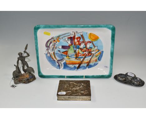 A GROUP OF METALWARE AND AN ITALIAN CERAMIC DISH, comprising an A E Chanal pewter double salt cellar in the form of waterlili