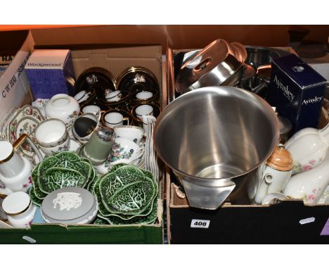 TWO BOXES OF MIXED CERAMICS AND METALWARES to include a quantity of Old Hall designed by Robert Welch stainless steel ware, a