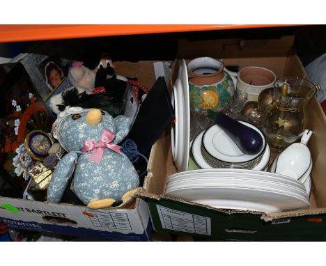 TWO BOXES OF MISCELLANEOUS ITEMS to include a quantity of Royal Worcester Viceroy dinnerware comprising assorted plates, a sa