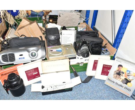 THREE BOXES OF ASSORTED CAMERAS AND AUDIO-VISUAL EQUIPMENT ETC to include a Nikon D80 fitted with a Promaster 28-300mm 1:3.5-