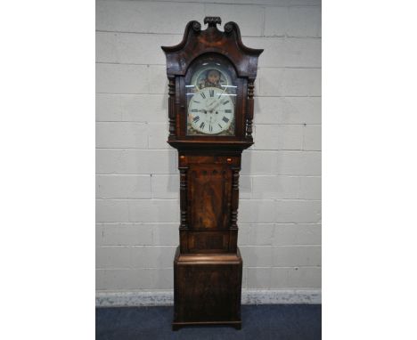 A 19TH CENTURY MAHOGANY LONGCASE CLOCK, the hood with twin swan neck pediment, two pillar supports, flanking an arched glass 