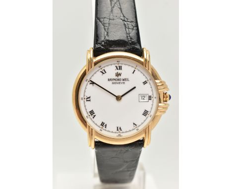 A 'RAYMOND WEIL GENEVE' WRISTWATCH, quartz movement, round white dial signed 'Raymond Weil Geneve', Roman numerals, date aper