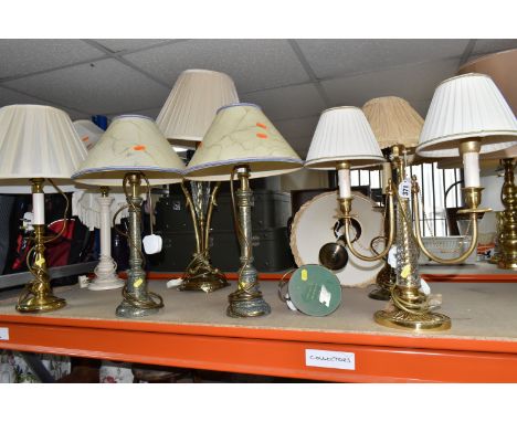 EIGHT TALL TABLE LAMPS WITH SHADES, included, a pair of Contessa lamps in a green and gold marble effect with brass bayonet w