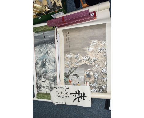 TWO BOXED CHINESE WALL HANGINGS, hand painted paper and silk scrolls depicting traditional Chinese family scenes (2) (Conditi