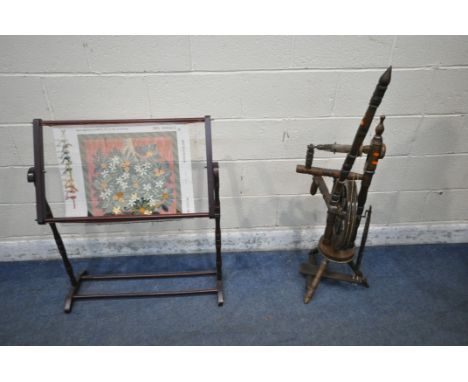 A 20TH CENTURY OAK SPINNING WHEEL, along with a tapestry frame (condition report: marks, scuffs, discolouration, other wear a