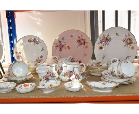 A GROUP OF ROYAL CROWN DERBY 'DERBY POSIES' TEA AND DINNER WARES to include four teacups (one with a hairline crack) four sau