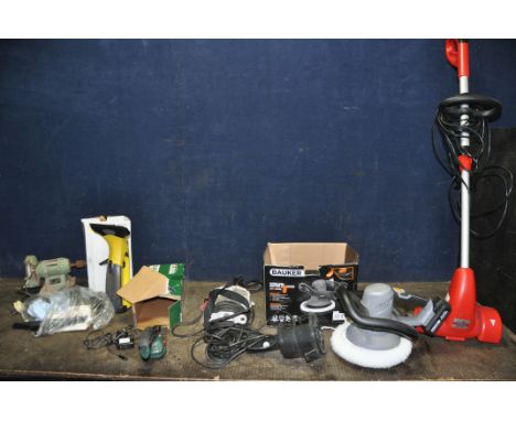 A COLLECTION OF GARDEN AND AUTOMOTIVE ELECTRICAL ITEMS including a Bosch Isio hedge trimmer with power supply, a Grizzly pati
