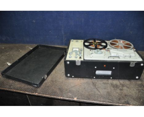 A VINTAGE VORTEXION TYPE W.V.B. REEL TO REEL RECORDER with a Ferrograph player both in a lidded Tolex covered case (NO POWER 