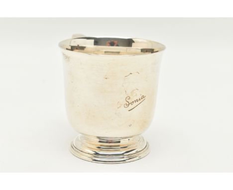 A GEORGE VI SILVER CUP, a plain polished cup, with a C handle, engraved 'Sonia' approximate height 70mm, hallmarked 'Wakely &