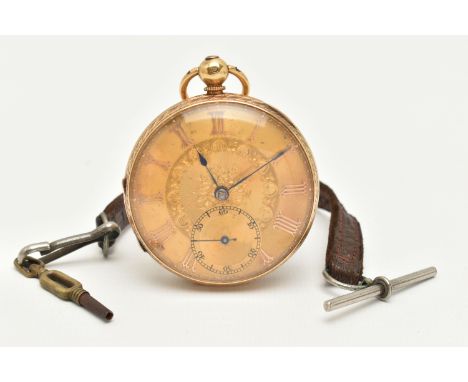 A MID VICTORIAN 18CT GOLD OPEN FACE POCKET WATCH, the decorative gold coloured face with Roman numerals, subsidiary seconds d