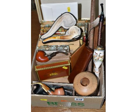 ONE BOX OF TOBBACO ITEMS, to include a large wooden pipe, a selection of cigar boxes various sizes, a Leatherlite cigarette c
