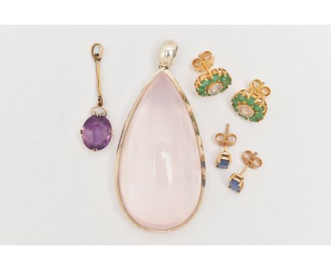 AN ASSORTMENT OF JEWELLERY, to include a pair of yellow metal earrings, prong set with rectangular cut sapphires, stamped 375