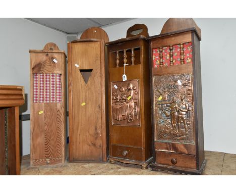 FOUR VINTAGE FRENCH BAGUETTE BOXES, two boxes have a copper panel inlay with scenes of a women baking in a kitchen, (the lid 