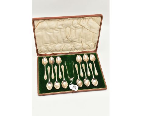 AN EDWARD VII SILVER TEA SET, a cased set of twelve teaspoons an a pair of sugar tongs, etched with a floral design and monog