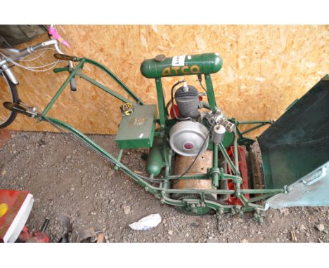 A VINTAGE ATCO STANDARD PETROL CYLINDER LAWN MOWER with grass box and starting handle 16in cut (engine pulls freely but hasn'