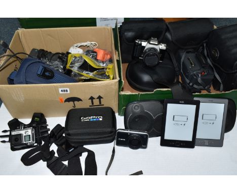 TWO BOXES OF CAMERAS AND ELECTRONICS, ETC, to include a Pentax MZ-50 35mm camera with an f4 28-70mm lens, a cased Canon Power