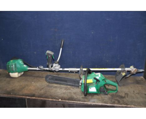 GARDENLINE PETROL GARDEN TOOLS including a chainsaw and a strimmer with steel blade fitted (both engines pull freely but have