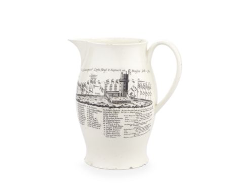 A rare Liverpool-printed creamware Bidston Hill jug, circa 1789Of ovoid shape with a plain strap handle, printed in black wit