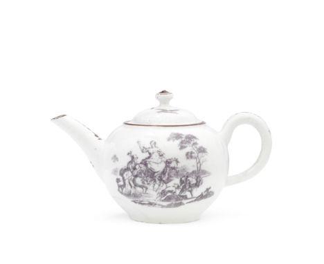 A rare Bow teapot and cover, circa 1756-60The small, globular vessel printed in dark purple with the 'Piper and Woman on Hors