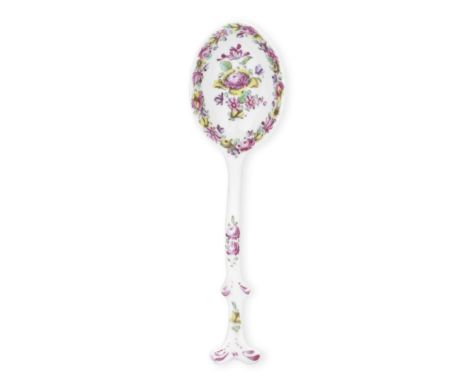 A Bow dessert ladle, circa 1757-60The oval bowl fully painted with a flower spray and a running floral border in bright colou