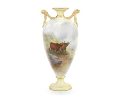 A Royal Worcester vase by John Stinton, dated 1907Of slender ovoid form, painted with two highland cattle standing on a grass