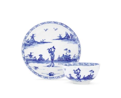 A Vauxhall teabowl and saucer, circa 1755-57Painted in 'sticky blue' in Chinese style with a pointing figure standing before 