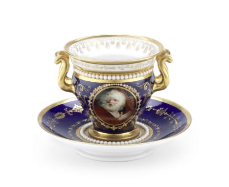 A Flight, Barr and Barr, Worcester cabinet cup and saucer by Thomas Baxter, circa 1815With twin handles and a band of white '