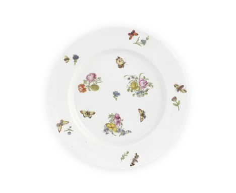 A Vauxhall plate, circa 1756-60The circular plate with a plain flanged rim, decorated with so-called 'polychrome printing' de