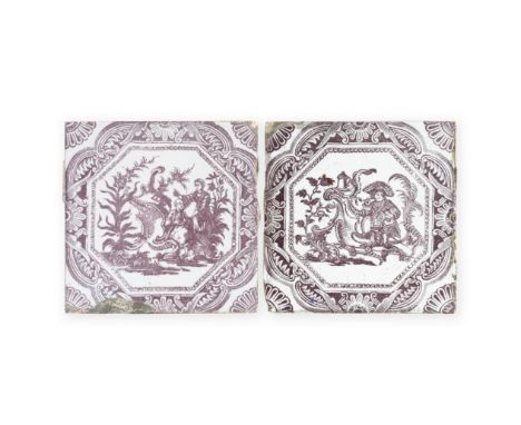 Two rare Liverpool delftware woodblock-printed tiles, circa 1756-57Printed in purple by John Sadler after Nilson, a gentleman