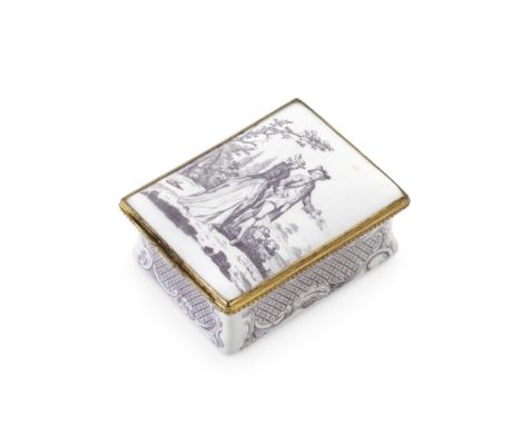 A Battersea enamel box, circa 1753-56Of rectangular form with gilt metal mounts, the interior of the cover printed in black w