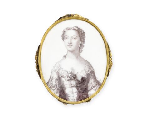 A Battersea enamel plaque, circa 1751-53Of upright oval form, printed in sepia with a portrait of Elizabeth Gunning, engraved