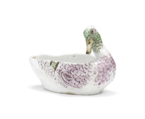 A Bow duck tureen, circa 1755-58Modelled with its head turned in a realistic manner, the plumage with individual overlapping 