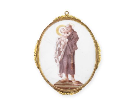 A Battersea enamel plaque, circa 1753-56Of upright oval form, printed in red and delicately hand-coloured with St Anthony of 