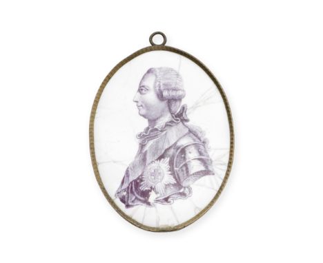 A Birmingham enamel small plaque, circa 1760-62Of upright oval from, printed in lavender with a profile portrait of King Geor