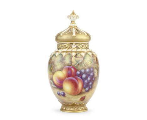 A large Royal Worcester 'Painted Fruit' pot pourri vase and two covers by Harry Ayrton, circa 1960Of ovoid from, the moulded 