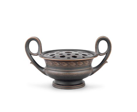 A Wedgwood black basalt potpourri vase and cover, circa 1805-10Of squat campana form with two high loop handles, encaustic-pa