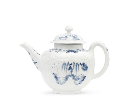 A Worcester teapot and cover, circa 1754-56Of globular form with fine strap-fluting and embossed rococo cartouche panels, pai
