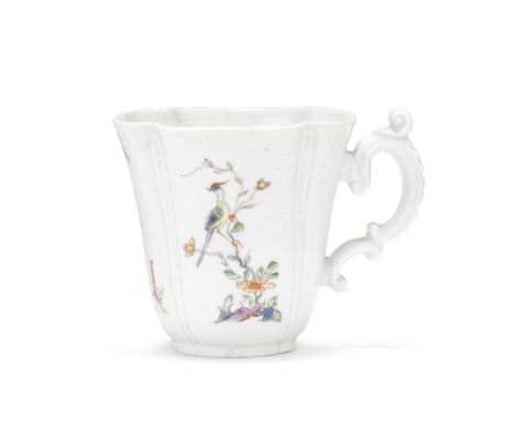 A good Worcester coffee cup, circa 1753-54Of quatrelobed shape, the crisply moulded double-scrolled handle with raised thumbr