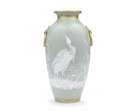 A Royal Worcester pâte-sur-pâte vase by William Pointon, circa 1875-80Ovoid with gilded false-ring handles on the shoulders, 