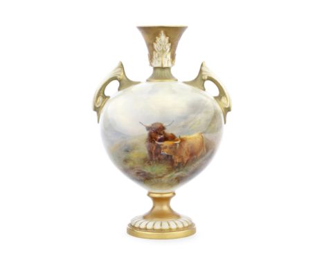 A Royal Worcester vase by Harry Stinton, dated 1919The compressed ovoid body painted with two Highland cattle standing amongs